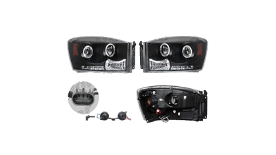 Set faruri Dodge Ram, 01.2006-08.2008, partea Stanga+Dreapta, Tuning, Fata, Lampa de parcare pe fibra optica; Tip=USA; tip bec H1+H1; manual; negru, transparent; tuning; Omologare: SAE, Taiwan