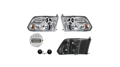 Set faruri Dodge Ram (Ds/Dj), 09.2008-, partea Stanga+Dreapta, Tuning, Fata, Lampa de parcare pe fibra optica; Tip=USA; tip bec H1+H1; manual; transparent, argintiu; tuning; Omologare: SAE, Taiwan