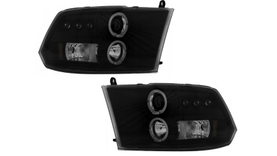 Set faruri Dodge Ram (Ds/Dj), 09.2008-, partea Stanga+Dreapta, Tuning, Fata, Lampa de parcare pe fibra optica; Tip=USA; tip bec H1+H1; manual; negru, transparent; tuning; Omologare: SAE, Taiwan