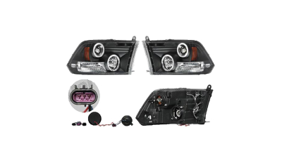 Set faruri Dodge Ram (Ds/Dj), 09.2008-, partea Stanga+Dreapta, Tuning, Fata, Lampa de parcare pe fibra optica; tip bec H1+H1; manual; negru, transparent; tuning; Omologare: SAE, Taiwan