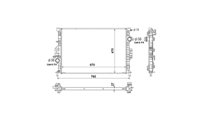 Radiator racire Ford S-Max (Wa6), 2006-2015 2,2 Tdci 129/147kw; 2,5 T 162kw Diesel/Benzina, Manual, Cu/fara AC, cu conectori rapizi intrare/iesire, 671x448x26, Cu lipire fagure prin brazare KOYO