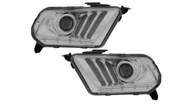 Set faruri Ford Mustang, 02.2009-01.2015 Pentru Versiuni Fara Faruri Xenon , partea Stanga+Dreapta, Fata, indicator dinamic; cu indicator led; H1; manual; transparent, argintiu; tuning; Omologare: SAE, Taiwan
