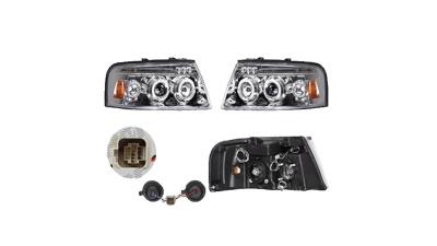 Set faruri Ford Expedition, 11.2002-10.2006, partea Stanga+Dreapta, Tuning, Fata, cu indicator led; cu lumina de parcare LED; Tip=USA; tip bec H1+H1+LED; manual; transparent, argintiu; cu cablaj; cu becuri; tuning; Omologare: SAE, Taiwan
