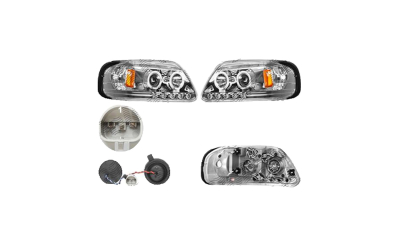 Set faruri Ford Expedition (Un93), 11.1996-11.2002, F-Series, 09.1996-09.2003, partea Stanga+Dreapta, Tuning, Fata, cu indicator led; cu lumina de parcare LED; Tip=USA; H1+H3+LED; manual; transparent, argintiu; cu becuri; tuning, Taiwan