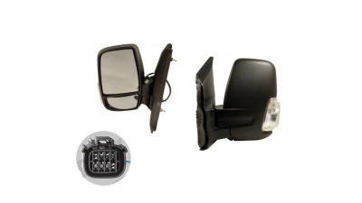 Oglinda usa exterioara Ford Transit/Tourneo, 01.2014-, partea Stanga, ajustabil manual; textil; scurt; sticla convexa; geam cromat; cu semnalizator alb, Aftermarket