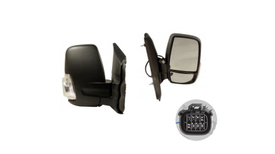 Oglinda usa exterioara Ford Transit/Tourneo, 01.2014-, partea Dreapta, ajustabil manual; textil; scurt; sticla convexa; geam cromat; cu semnalizator alb, Aftermarket