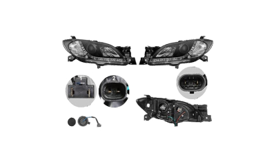 Set faruri Mazda 3 (Bk), 10.2003-07.2009, partea Stanga+Dreapta, Tuning, Fata, cu lentile; cu lumina timp de zi tip LED; H1+H7+LED; manual/electric; negru; fara motor; tuning, Taiwan