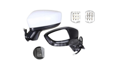Oglinda usa exterioara MAZDA 3 (BM), 06.2013-08.2017, partea stanga, reglare electrica; grunduit; incalzit; sticla asferica; geam cromat; rabatabil; 10 pini; cu lampa indicatoare LED; cu functie de unghi mort
