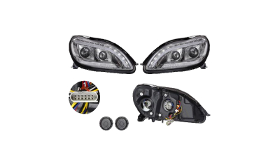 Set faruri Mercedes Clasa S (W220) 10.1998-2002, partea Stanga+Dreapta, Tuning, Fata, cu lentile; cu indicator led; cu lumina timp de zi tip LED; cu lumina parcare fibra optica; cu lampa ceata Fata; tip bec H1+H7+H7+LED; manual; cromat; tuning, Taiwan