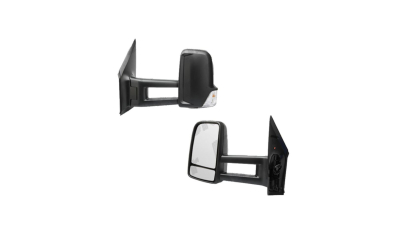 Oglinda usa exterioara MERCEDES SPRINTER, 07.2006-06.2018, VW CRAFTER (2E), 12.2005-04.2017, partea stanga, regl. manuala; carcasa neagra; sticla convexa; geam cromat; 2 pini (poli); cu semnalizare; brat lung