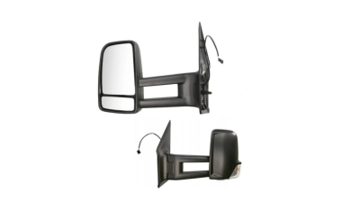 Oglinda usa exterioara MERCEDES SPRINTER, 07.2006-06.2018, VW CRAFTER (2E), 12.2005-04.2017, partea stanga, reglare electrica; carcasa neagra; incalzit; sticla convexa; geam cromat; 6 pini; cu semnalizare; brat lung