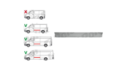 Piese de reparatie pentru panoul lateral MERCEDES SPRINTER, 07.2006-06.2018; VW CRAFTER (2E), 12.2005-04.2017, ampatament: 3665 mm, / 4325 mm, partea stanga, superior; Tabla; segment latime; deasupra ornamentelor laterale; lungime 1520, inaltime 170 mm