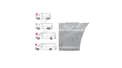Segment reparatie aripa spate Mercedes Sprinter 209-524, 07.2006-06.2018, Vw Crafter (2e), 12.2005-04.2017, Spatiu Incarcare L=3265mm, Standard 3265mm, partea Dreapta, in fara carenajului; fara locas ornament; Lungime 410, inaltime 393 mm, Aftermarket