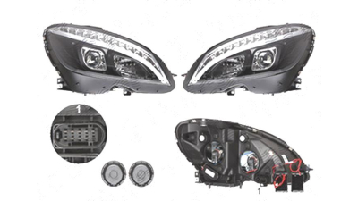 Far Mercedes Clasa C (W204), 03.2007-03.2011, Stanga+Dreapta, cu LED indicator; cu LED daytime running light; H9+LED; electric; negru; tuning;