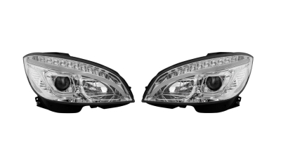 Set faruri tuning MERCEDES Clasa C (W204), 03.2007-03.2011, partea stanga+dreapta, Taiwan, indicator dinamic; cu indicator led; cu "lumina timp de zi" tip LED; H9+LED; electric; cromat; halogen