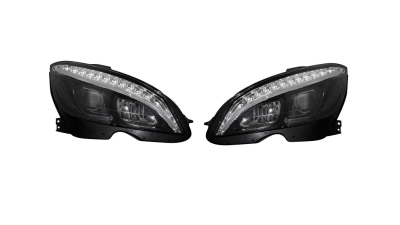 Set faruri tuning MERCEDES Clasa C (W204), 03.2007-03.2011, partea stanga+dreapta, Taiwan, indicator dinamic; cu indicator led; cu "lumina timp de zi" tip LED; H9+LED; electric; negru; halogen