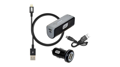 Set incarcare telefon Carpoint Deluxe , incarcator bricheta cu 2 iesiri USB, cablu cu cablu conector hibrid MicroUSB MFi Dock 8pin si acumulator extern 2200mAh,