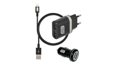 Set incarcare telefon Carpoint Premium, incarcator bricheta cu 2 iesiri USB, cablu cu cablu conector hibrid MicroUSB MFi Dock 8pin si incarcator priza retea 220-240V
