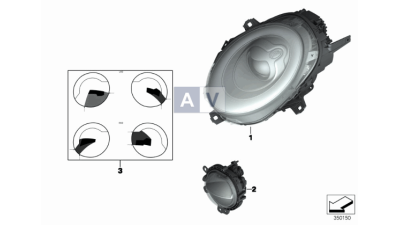 Far Mini One/Cooper/S, 02.14-, Electric, tip bec H4, cu motoras, omologare ECE, semnalizare portocalie, 63117298256; 63117401596; 7298256, Dreapta