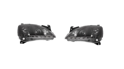 Set faruri tuning OPEL CORSA/COMBO C, 07.2000-10.2010 model 3 usi, 5 usi, partea stanga+dreapta, Taiwan, cu lumina de parcare LED; H1+H1; manual/electric; negru, transparent; fara motor; halogen
