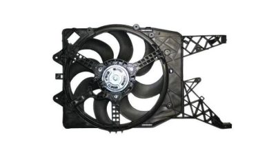 GMV radiator electroventilator Opel Corsa D (S07), 02.2007-2015, motor 1.6 TURBO 110/140kw, benzina, cutie manuala, cu AC, 385 mm; 2 pini, fara pre-rezistor, 