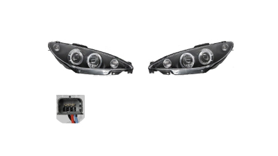 Set faruri tuning PEUGEOT 206 (2 ), 2003-04.2009 si 206 (2 ), 01.1998-04.2009 model GTI, Taiwan, partea stanga+dreapta, H1+H1; manual/electric; negru, transparent; fara motor;