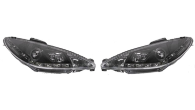 Set faruri tunin Peugeot 207 (W_) 05.2006-12.2013 BestAutoVest partea Dreapta+Stanga H1+H1 manual , cu lumina parcare LED, transparent negru