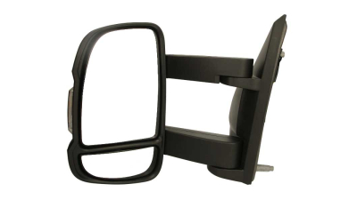Oglinda usa exterioara Citroen Jumper (250), 09.2006-08.2014; Jumper, 06.2014-, partea Stanga, ajustabil manual; carcasa neagra; sticla convexa; geam cromat; Senzor de temperatura; 4 pini; cu semnalizator alb; brat 20 cm, Aftermarket