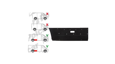 Segment reparatie aripa spate Citroen Jumper (250), 09.2006-08.2014, Fiat Ducato (250), 09.2006-08.2014; Peugeot Boxer (250), 09.2006-08.2014, Ram Promaster, 02.2013-; Varianta Lunga, partea Dreapta, Tabla; cu gauri pt. ornamente; in Fata caren
