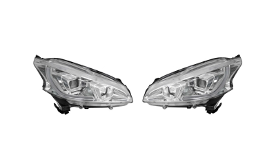 Set faruri tuning PEUGEOT 208, 04.2012-05.2015, partea stanga+dreapta, Taiwan, cu indicator led; cu "lumina timp de zi" tip LED; cu lumina de parcare LED; H1+H11+LED; electric; cromat, transparent; halogen
