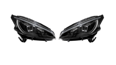 Set faruri tuning PEUGEOT 208, 04.2012-05.2015, partea stanga+dreapta, Taiwan, cu indicator led; cu "lumina timp de zi" tip LED; cu lumina de parcare LED; H1+H11+LED; electric; negru, transparent; halogen