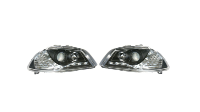 Set faruri tuning SEAT IBIZA/CORDOBA (6L), 02.2002-05.2006, partea stanga+dreapta, Taiwan, cu indicator led; cu lumina de parcare LED; H1+H1+LED; manual/electric; negru, transparent; halogen