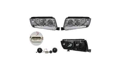 Set faruri Skoda Fabia (6y), 04.2000-03.2007, partea Stanga+Dreapta, Tuning, Fata, cu lumina de parcare LED; tip bec H1+H1; manual; transparent, argintiu, Taiwan