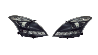 Set faruri Suzuki Swift (Fz/Nz), 09.2010-06.2017, partea Stanga+Dreapta, Tuning, Fata, cu lentile; cu lumina de parcare LED; tip bec H1+H1+LED; manual/electric; negru; tuning; fara omologare , Taiwan