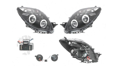 Far Toyota Yaris (Xp90) Hb, 01.2006-03.2009, fata, Stanga+Dreapta, H1+H1; manual; negru, transparent; tuning, Taiwan