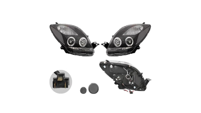 Set faruri Toyota Yaris (Xp90) Hatchback, 01.2006-03.2009, partea Stanga+Dreapta, Tuning, Fata, tip bec H1+H1; manual/electric; negru, transparent; fara motor; tuning, Taiwan