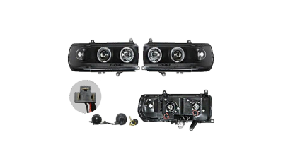 Set faruri Toyota Land Cruiser (Fj80/Fj82), 01.1989-05.1996, partea Stanga+Dreapta, Tuning, Fata, tip bec H1+H1; manual; negru, transparent; cu rama neagra; tuning; fara omologare , Taiwan