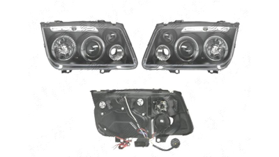 Far Volkswagen Bora (1j5/1jm), 10.1998-11.2005, fata, Stanga+Dreapta, cu optical-fiber parking light; H1+H1+H3; manual/electric; negru, transparent; fara motoras; tuning;