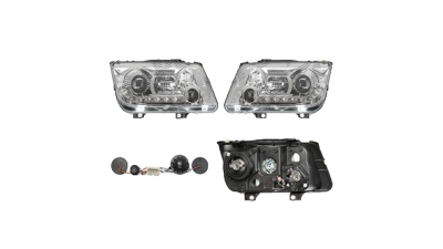 Set faruri VW Bora (1j5/1jm), 10.1998-11.2005, partea Stanga+Dreapta, Tuning, Fata, cu lumina de parcare LED; tip bec H1+H1; manual; transparent, argintiu; tuning, Taiwan