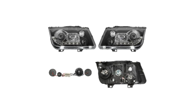 Set faruri VW Bora (1j5/1jm), 10.1998-11.2005, partea Stanga+Dreapta, Tuning, Fata, cu lumina de parcare LED; tip bec H1+H1; manual; negru, transparent; tuning, Taiwan