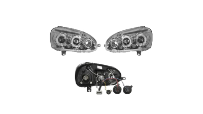 Set faruri VW Golf 5 (1k), 10.2003-05.2009, Jetta/Golf Kombi (1k5/1km), 09.2005-09.2010, partea Stanga+Dreapta, Tuning, Fata, Lampa de parcare pe fibra optica; tip bec H1+H1; manual; transparent, argintiu; tuning, Taiwan