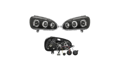 Set faruri VW Golf 5 (1k), 10.2003-05.2009, Jetta/Golf Kombi (1k5/1km), 09.2005-09.2010, partea Stanga+Dreapta, Tuning, Fata, Lampa de parcare pe fibra optica; tip bec H1+H1; manual; negru, transparent; tuning, Taiwan