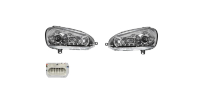 Set faruri tuning VW GOLF 5 (1K), 10.2003-05.2009; JETTA/GOLF Combi (1K5/1KM), 09.2005-09.2010, Taiwan, partea stanga+dreapta, pozitie pe LED;tip bec H1+H1; manual; transparent, argintiu;