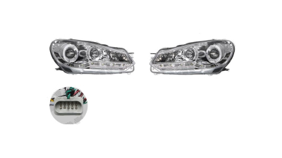 Set faruri tuning VW GOLF 6 (5K), 10.2008-, Taiwan, partea stanga+dreapta, pozitie pe LED;tip bec H1+H1; electric; transparent, argintiu; cu motor;