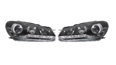 Set faruri VW Golf 6 (5k), 10.2008-11.2013, partea Stanga+Dreapta, Tuning, Fata, cu lumina de parcare LED; tip bec H1+H1; manual; negru, transparent; tuning, Taiwan