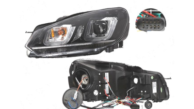 Far Volkswagen Golf 6 (5k), 10.2008-, fata, Stanga+Dreapta, cu LED daytime running light; cu LED-uri pozitie; H7+H7+LED+PY21W; electric; cromd moulding, negru; cu motor; tuning;