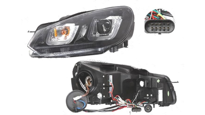 Far Volkswagen Golf 6 (5k), 10.2008-, fata, Stanga+Dreapta, cu LED daytime running light; cu LED-uri pozitie; H7+H7+LED+PY21W; electric; negru moulding, negru; cu motor; tuning;