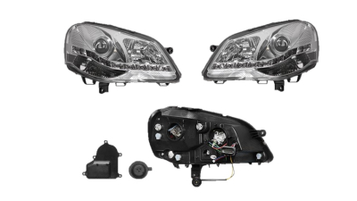 Set faruri tuning VW POLO (9N3), 04.2005-08.2009, Taiwan, partea stanga+dreapta, pozitie pe LED; Tip=Valeo;tip bec H1+H1; manual/electric; transparent, argintiu; fara motor;