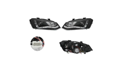 Set faruri VW Polo (6r), 08.2009-12.2017, partea Stanga+Dreapta, Tuning, Fata, cu lumina de parcare LED; H9; manual; negru, transparent; tuning, Taiwan