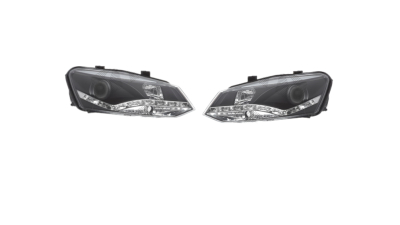 Set faruri tuning Vw Polo (6r), 08.2009-12.2017, Electric, tip bec H1+H7, omologare ECE, fara motoras, cu lumini LED de parcare, negru transparent, Stanga, Dreapta